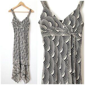 Vtg Y2K Trixxi Fairy Midi Dress Size 3/4 Ruffle Asymmetric Geometric Cream Black